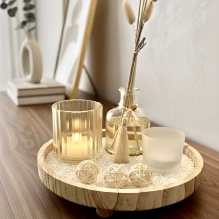 طقم مبخرة /4 صينية خشب مدور+معطر +2كاسة شمع زجاج ذهبي k29/2 =ك4